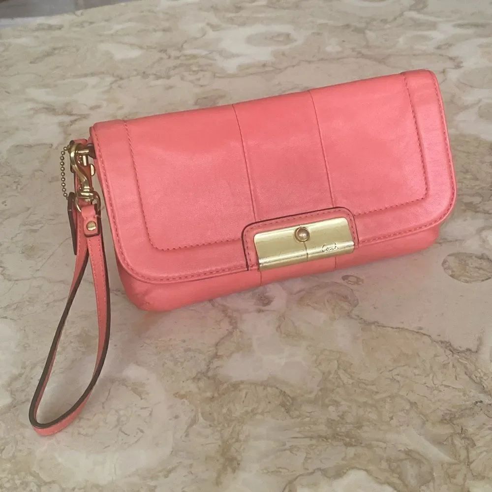 Coach Kristen Coral Leather Convertible Wristlet / Clutch / Mini Handbag